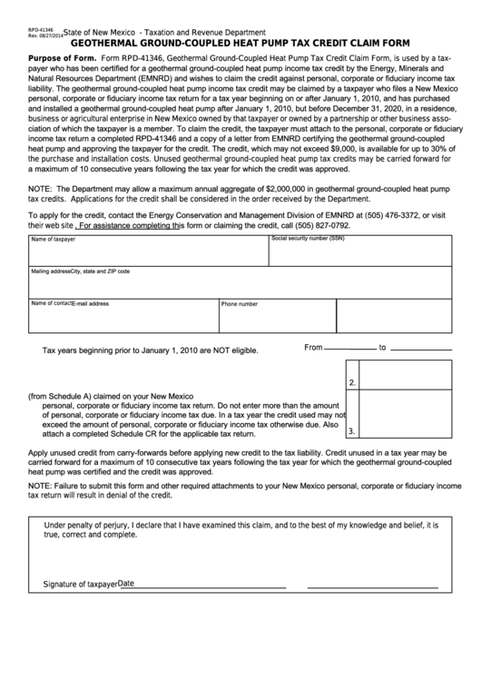 Form Rpd-41346 - New Mexico Geothermal Ground-Coupled Heat Pump Tax Credit Claim Form Printable pdf