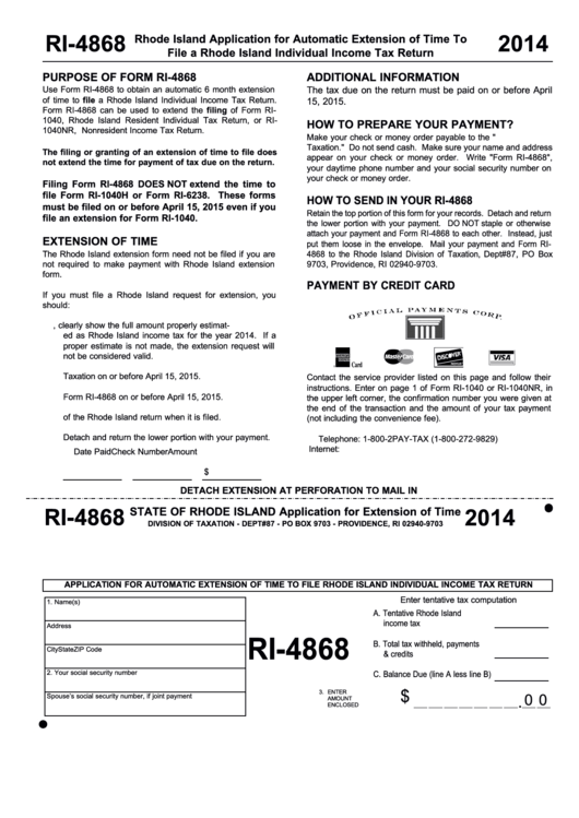 Fillable Form Ri-4868 - Rhode Island Application For Extension Of Time - 2014 Printable pdf