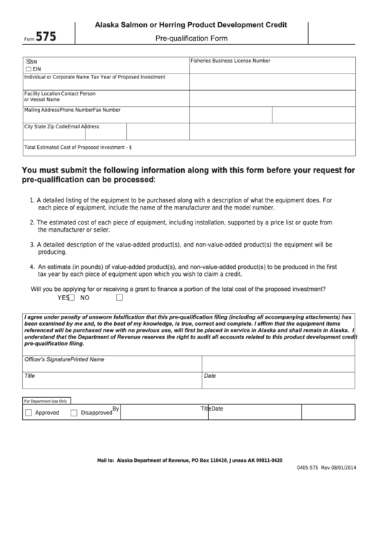Fillable Form 575 - Alaska Salmon Or Herring Product Development Credit Printable pdf