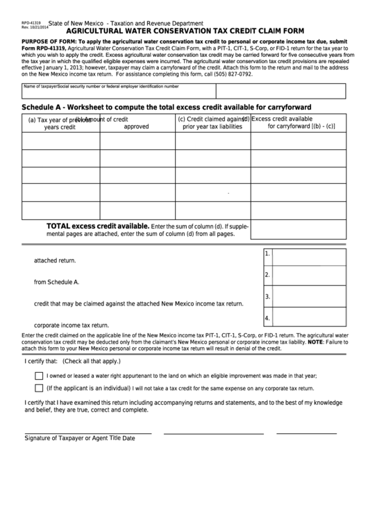 Fillable Form Rpd-41319 - New Mexico Agricultural Water Conservation Tax Credit Claim Form Printable pdf