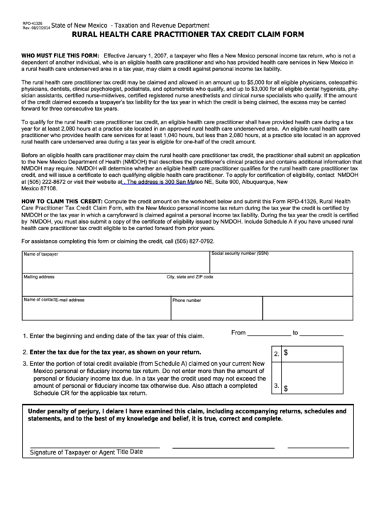 Fillable Form Rpd-41326 - New Mexico Rural Health Care Practitioner Tax Credit Claim Form Printable pdf