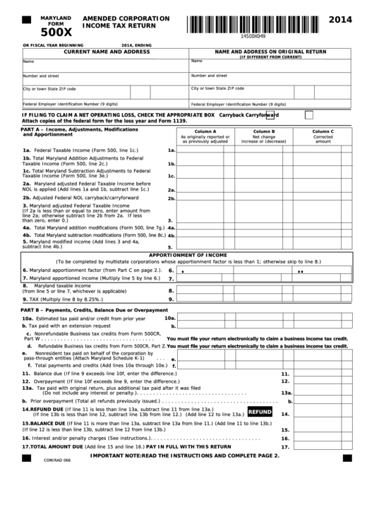 Fillable Form 500x - Maryland Amended Corporation Income Tax Return - 2014 Printable pdf