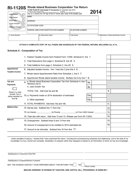 Form Ri-1120s - Rhode Island Business Corporation Tax Return - 2014 Printable pdf