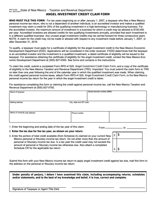 Fillable Form Rpd-41320 - New Mexico Angel Investment Credit Claim Form Printable pdf