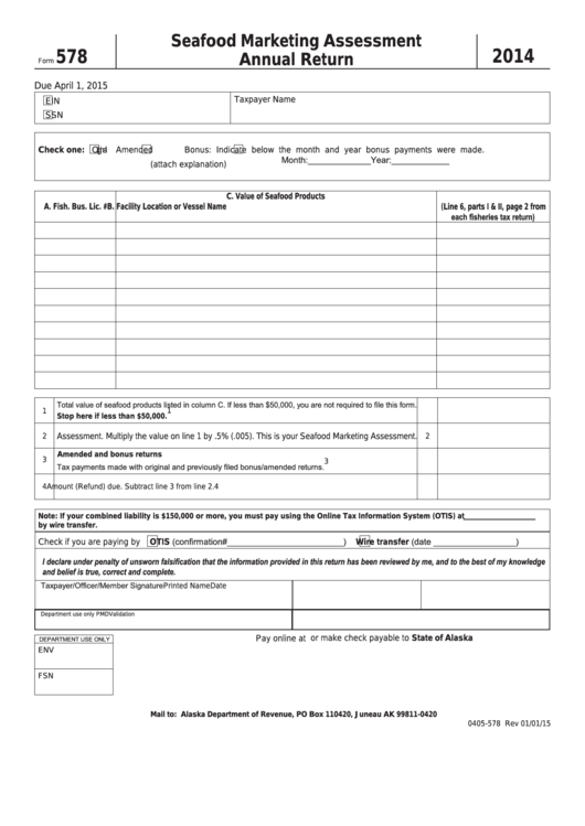 Fillable Form 578 - Alaska Seafood Marketing Assessment Annual Return - 2014 Printable pdf