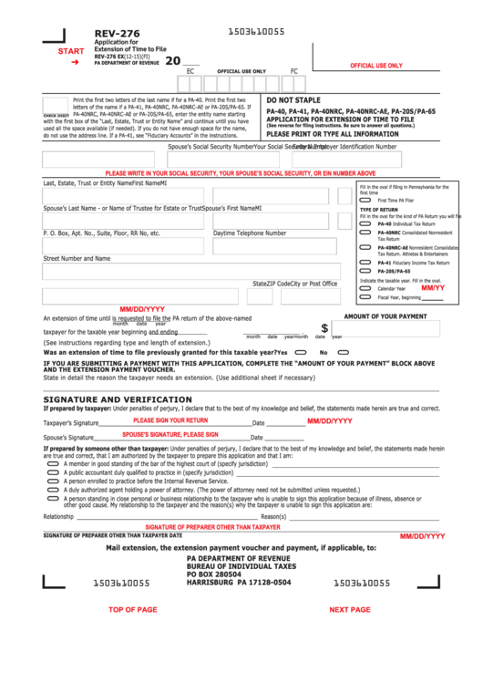 Fillable Form Rev-276 - Pennsylvania Application For Extension Of Time To File Printable pdf