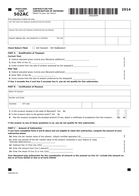 Fillable Form 502ac - Maryland Subtraction For Contribution Of Artwork - 2014 Printable pdf