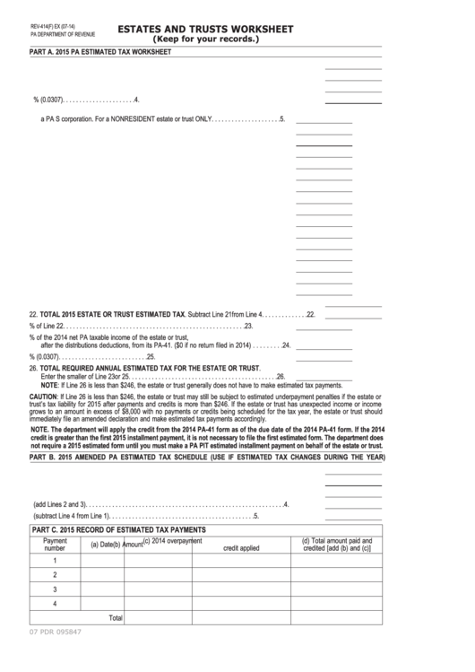 Form Rev-414 - Estates And Trusts Worksheet Printable pdf
