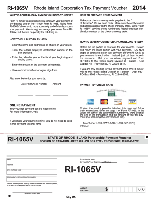 Form Ri-1065v - Rhode Island Corporation Tax Payment Voucher - 2014 Printable pdf