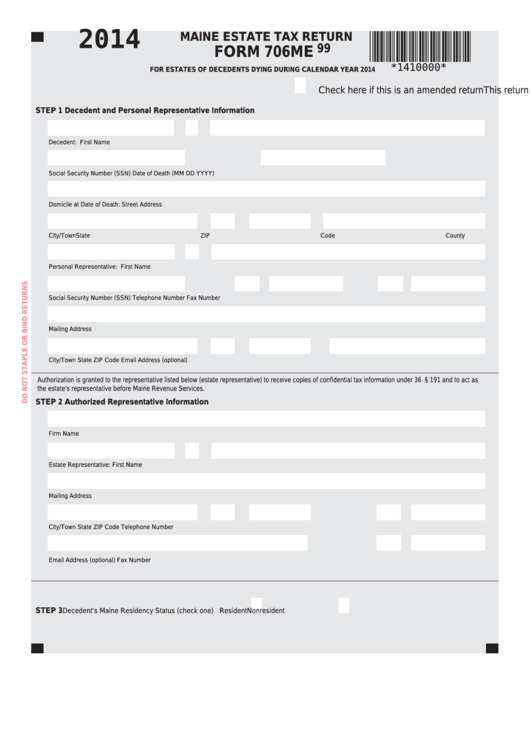 Fillable Form 706me - Maine Estate Tax Return - 2014 Printable pdf