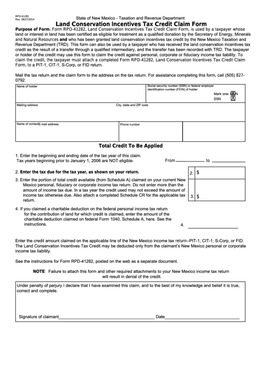 Fillable Form Rpd-41282 - New Mexico Land Conservation Incentives Tax Credit Claim Form Printable pdf