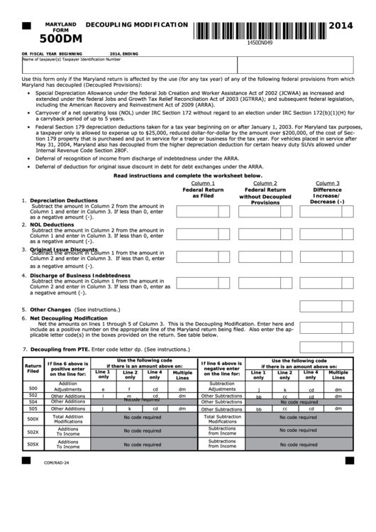Fillable Form 500dm - Maryland Decoupling Modification - 2014 Printable pdf