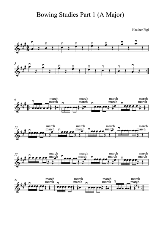 Bowing Studies Part 1 (A Major) By Heather Figi Violin Sheet Music Printable pdf