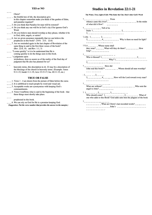 Studies In Revelation 22-1-21 Bible Activity Sheet Printable pdf