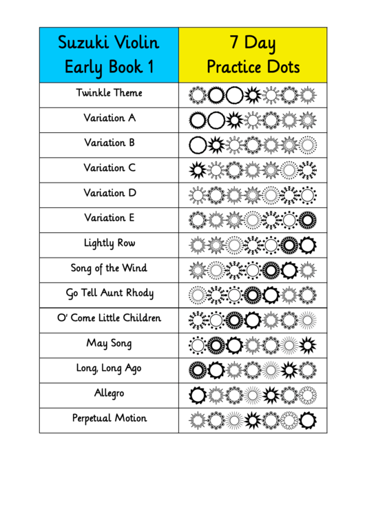 Suzuki Violin 7 Day Practice Dots Chart printable pdf download