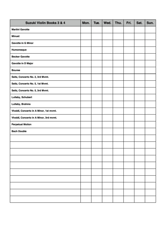 Suzuki Violin Books 3 & 4 Practice Chart Printable pdf