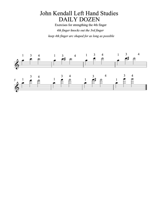John Kendall Left Hand Studies Daily Dozen Music Worksheet Printable pdf