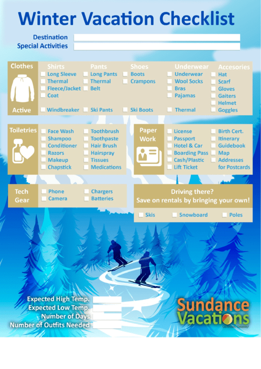 Winter Vacation Checklist Printable pdf