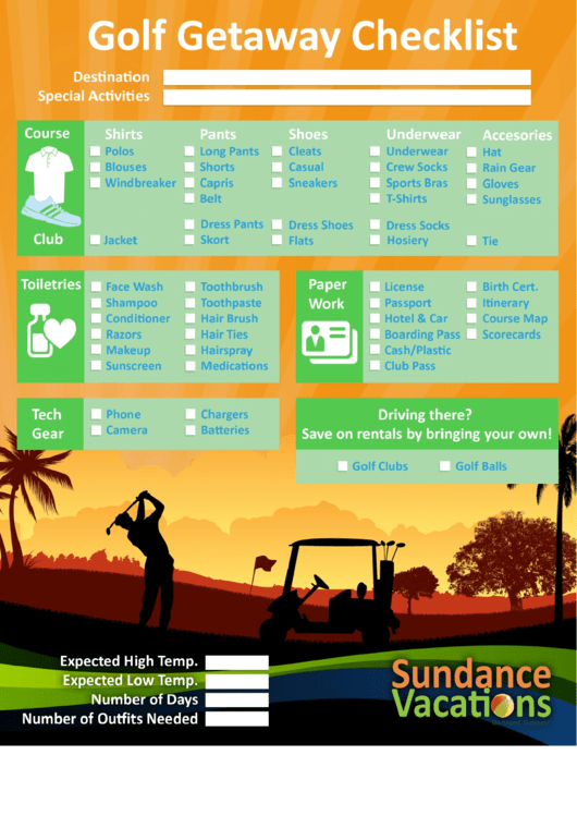 Golf Getaway Checklist Printable pdf