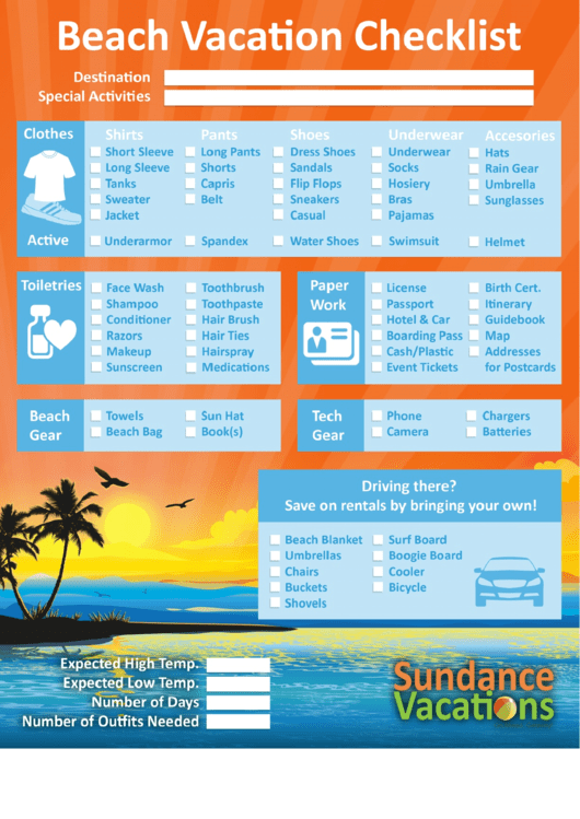 Beach Vacation Checklist Printable pdf