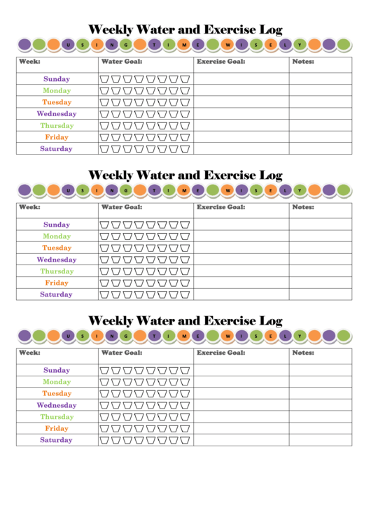 Weekly Water And Exercise Log Template (3 Per Page) Printable pdf
