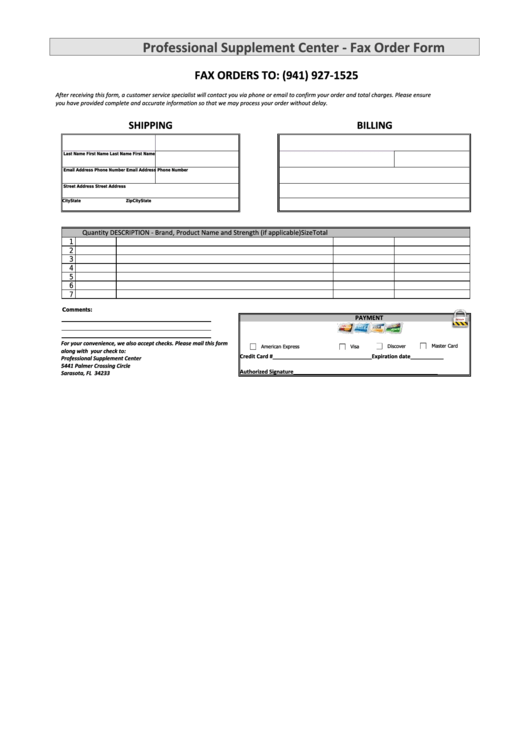 Professional Supplement Center - Fax Order Form Printable pdf
