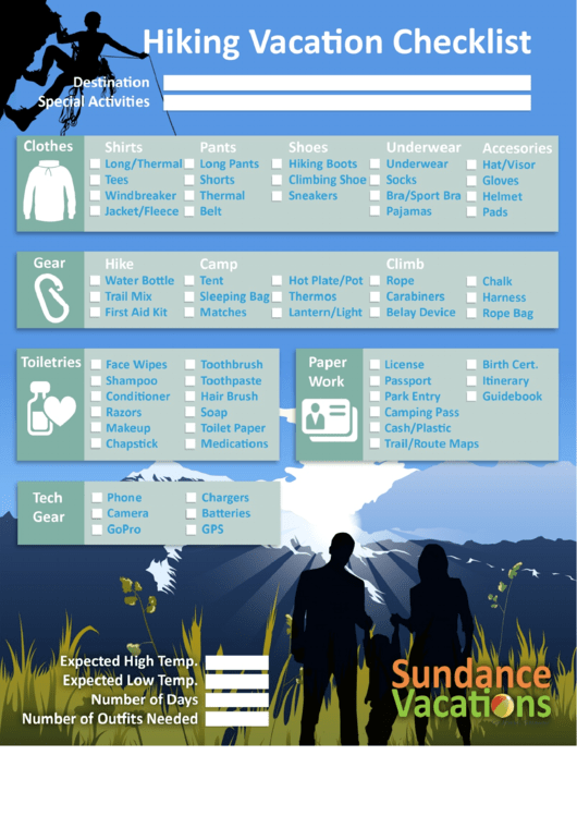 Hiking Vacation Checklist Printable pdf
