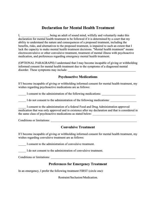 Declaration For Mental Health Treatment Printable pdf