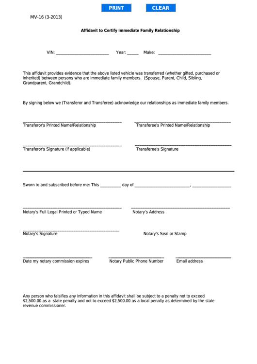 Fillable Form Mv-16 - Affidavit To Certify Immediate Family Relationship Printable pdf