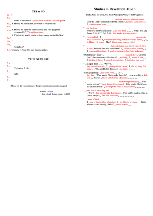 Studies In Revelation 3-1-13 Bible Activity Sheets With Answers Printable pdf