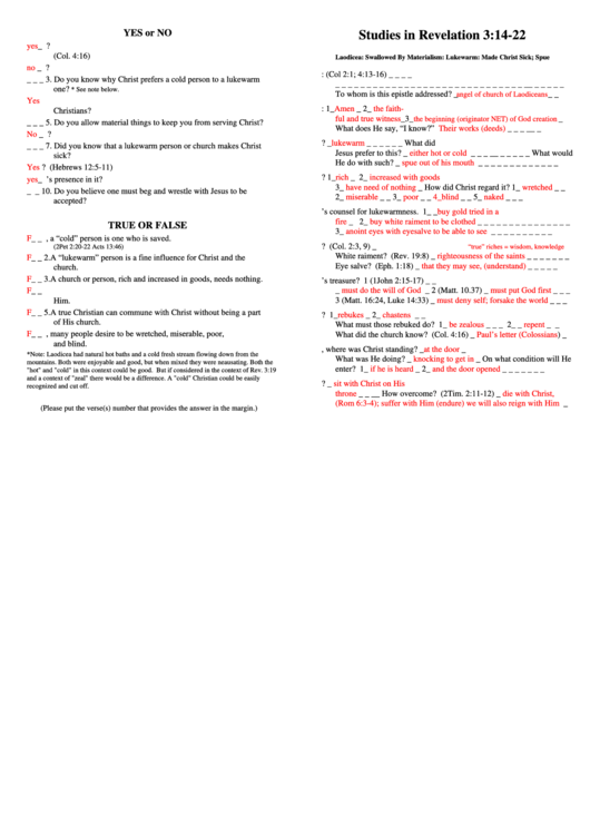 Studies In Revelation 3-14-22 Bible Activity Sheets With Answers Printable pdf