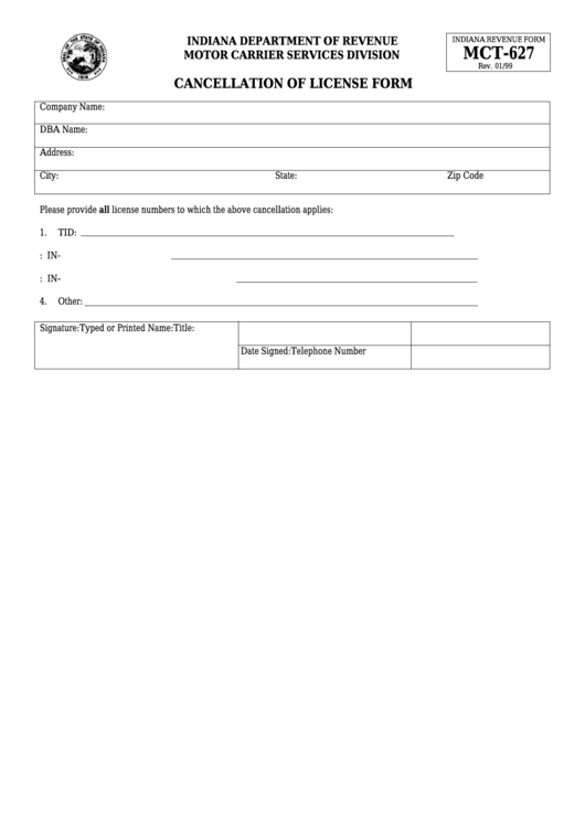 Form Mct-627 - Cancellation Of License Form Printable pdf