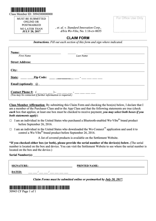 We-Vibe Claim Form Printable pdf