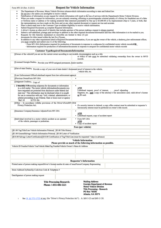 Fillable Form Mv-20 - Request For Vehicle Information Printable pdf