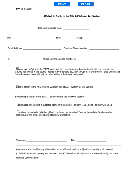 Fillable Form Mv-14 - Affidavit To Opt In To The Title Ad Valorem Tax System Printable pdf