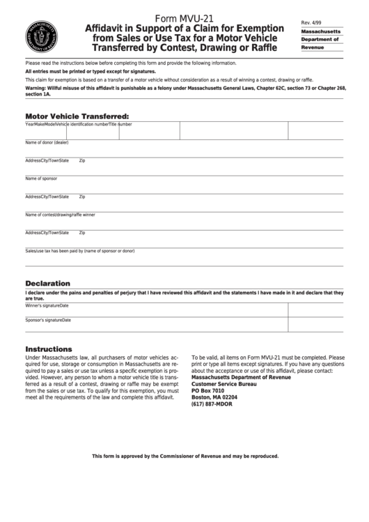 Form Mvu-21 - Affidavit In Support Of A Claim For Exemption From Sales Or Use Tax For A Motor Vehicle Transferred By Contest, Drawing Or Raffle Printable pdf