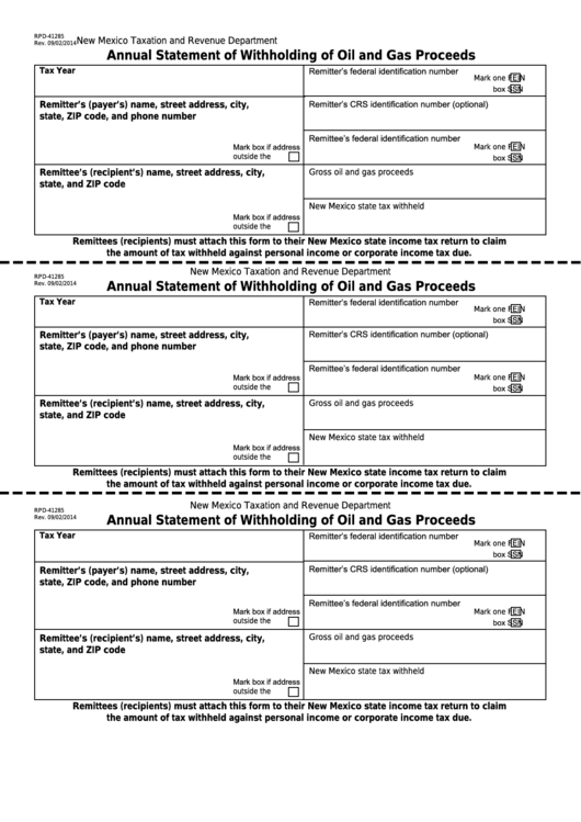 Fillable Form Rpd-41285 - New Mexico Annual Statement Of Withholding Of Oil And Gas Proceeds Printable pdf