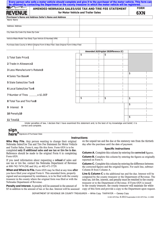 Form 6xn - Amended Nebraska Sales/use Tax And Tire Fee Statement Printable pdf