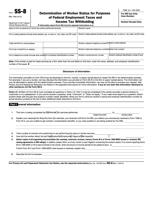 Fillable Form Ss-8 - Determination Of Worker Status For Purposes Of Federal Employment Taxes And Income Tax Withholding Printable pdf