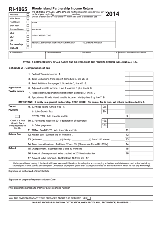 Form Ri-1065 - Rhode Island Partnership Income Return - 2014 Printable pdf