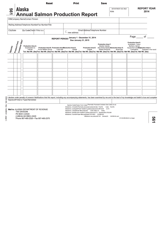 Fillable Form 561 - Alaska Annual Salmon Production Report - 2014 Printable pdf