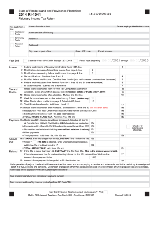 Fillable Form Ri-1041 - Rhode Island Fiduciary Income Tax Return - 2014 Printable pdf