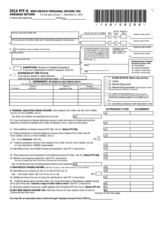 Form Pit-X - New Mexico Personal Income Tax Amended Return - 2014 Printable pdf