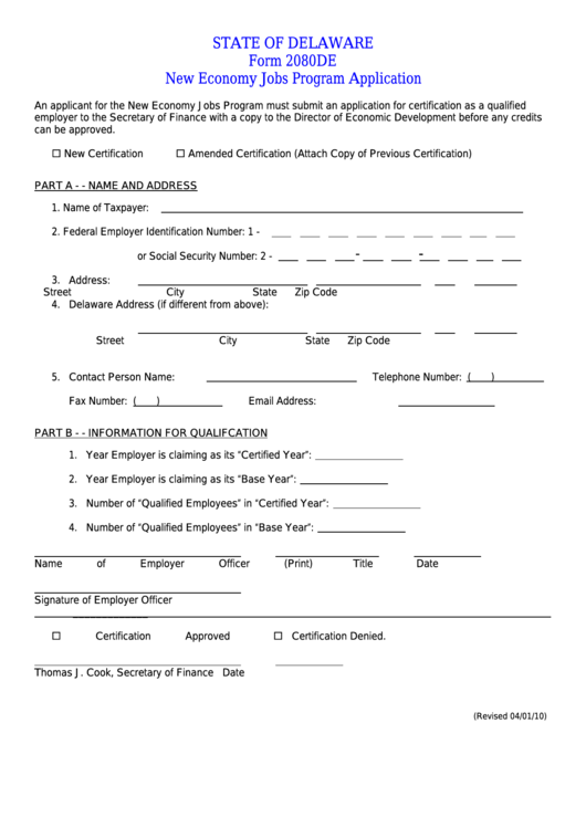 Fillable Form 2080de - Delaware New Economy Jobs Program Application Printable pdf