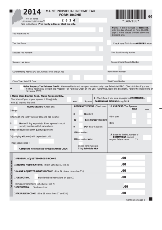 Fillable Form 1040me - Maine Individual Income Tax - 2014 Printable pdf