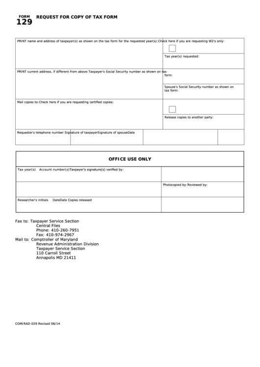Fillable Form 129 - Maryland Request For Copy Of Tax Form Printable pdf