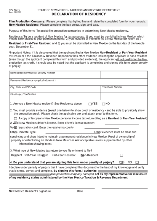 Form Rpd-41271 - New Mexico Declaration Of Residency Printable pdf