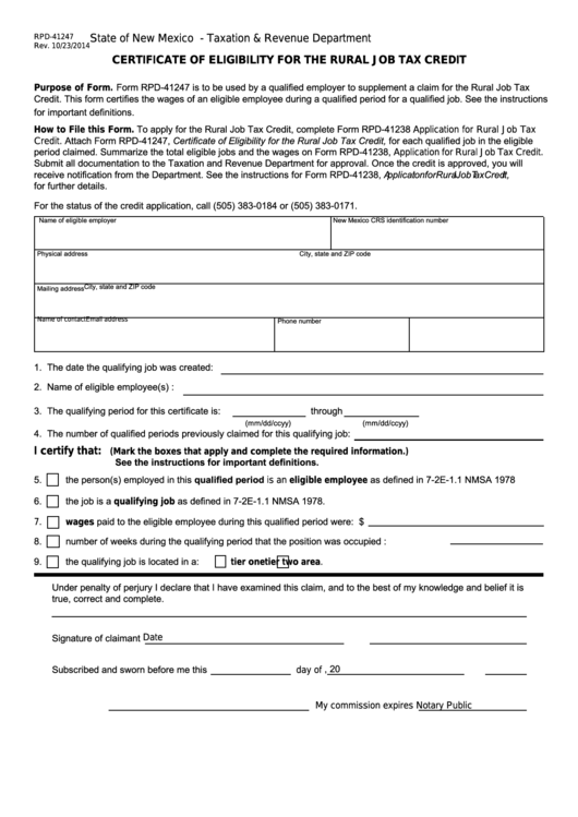 Form Rpd-41247 - New Mexico Certificate Of Eligibility For The Rural Job Tax Credit Printable pdf