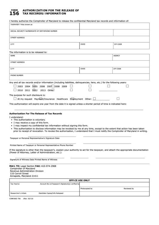 Fillable Form 156 - Maryland Authorization For The Release Of Tax Records/information Printable pdf