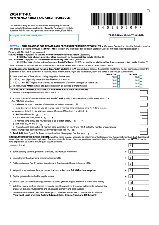Form Pit Rc New Mexico Rebate And Credit Schedule 2014 Printable 